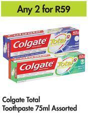 Game Colgate Total Toothpaste Assorted-For Any 2 x 75ml offer
