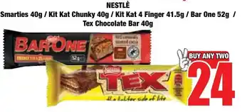 Boxer Superstores NESTLÈ Smarties/ Kit Kat Chunky/ Kit Kat 4 Finger/ Bar One/ Tex Chocolate Bar offer