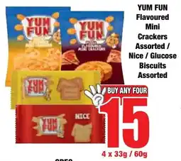 Boxer Superstores YUM FUN Flavoured Mini Crackers Assorted/ Nice/ Glucose Biscuits Assorted offer