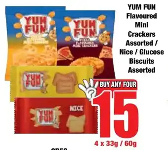 Boxer Superstores YUM FUN Flavoured Mini Crackers Assorted/ Nice/ Glucose Biscuits Assorted offer