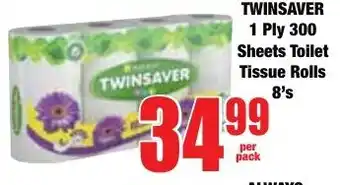 Boxer Superstores TWINSAVER 1 Ply 300 Sheets Toilet Tissue Rolls offer