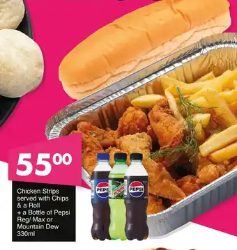 Save Hyper Chicken Strips served with Chips & a Roll + a Bottle of Pepsi Reg/Max or Mountain Dew offer