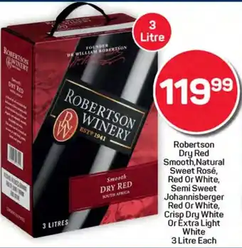 Pick n Pay Hypermarket Robertson Dry Red Smooth,Natural Sweet Rosé, Red Or White, Semi Sweet Johannisberger Red Or White, Crisp Dry White offer