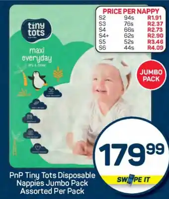 Pick n Pay Hypermarket PnP Tiny Tots Disposable Nappies Jumbo Pack Assorted Per Pack offer