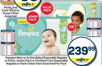 Pick n Pay Hypermarket Pampers New or Active Baby Disposable Nappies or Pants Jumbo Pack or Premium Care Disposable Nappies or Pants Value Pack offer