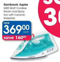 Clicks Kambrook Aspire 2400 Watt Cordless Steam and Spray Iron with Ceramic Soleplate offer