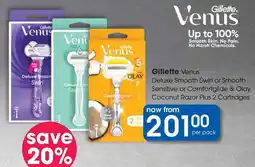 Clicks Gillette Venus Deluxe Smooth Swirl or Smooth Sensitive or Comfortglide & Olay Coconut Razor Plus 2 Cartridges offer