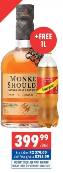 Ultra Liquors Monkey shoulder malt blended whisky + free schweppes ginger ale offer