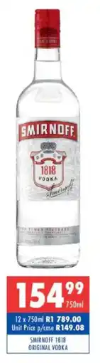 Ultra Liquors Smirnoff 1818 original vodka offer