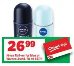 OK Grocer Nivea Roll-on for Men or Women Asstd. offer