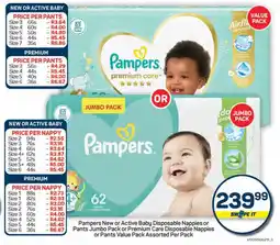 Pick n Pay Hypermarket Pampers New or Active Baby Disposable Nappies or Pants Jumbo Pack or Premium Care Disposable Nappies or Pants Value Pack offer