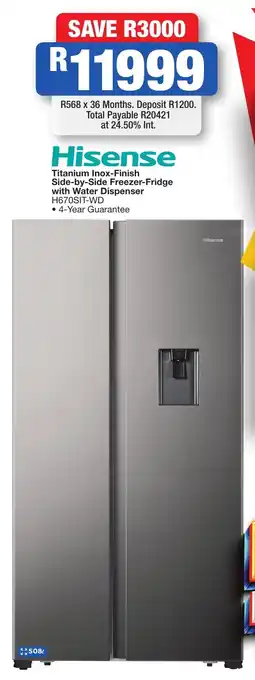 OK Furniture Hisense Titanium Inox-Finish Side-by-Side Freezer-Fridge with Water Dispenser offer