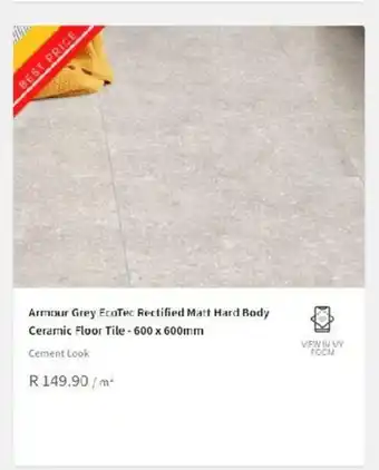 Armour Grey Ecotec Rectified Matt Hard Body Ceramic Floor Tile - 600 x 600mm