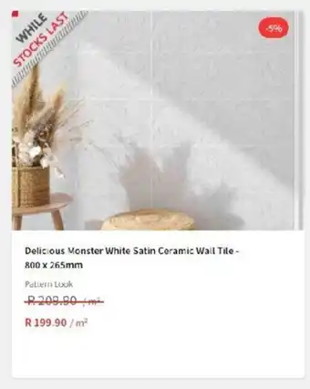 Delicious Monster White Satin Ceramic Wall Tile - 800 x 265mm