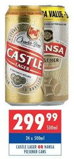 Ultra Liquors Castle lager or hansa pilsener cans offer