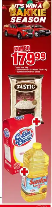 OK Foods Tastic Rice 5kg + Golden Cake Wheat Flour 5kg + Sunfoil Sunflower Oil 2 Litre offer