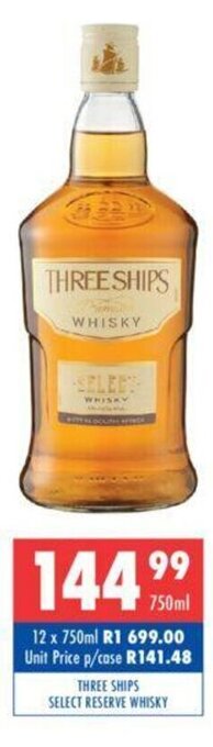 Ultra Liquors Three Ships Select Reserve Whisky 750ml offer