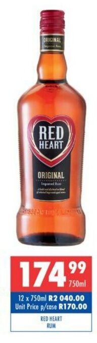 Ultra Liquors Red Heart Rum 750ml offer