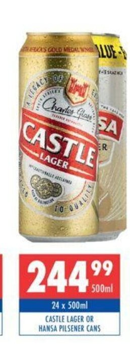 Ultra Liquors Castle Lager or Hansa Pilsener Cans 24 x 500ml offer