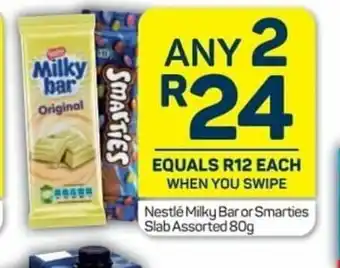 Pick n Pay Hypermarket Nestle Milky Bar or Smarties Slab Assorted 80g offer