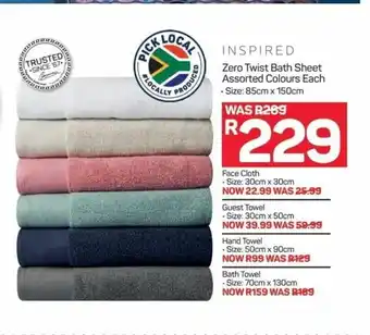 Pick n Pay Hypermarket Inspired Zero Twist Bath Sheet Assorted Colours Each 85cm x 85cm offer