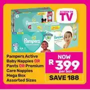 Game Pampers Active Baby Nappies Or Pants Or Premium Care Nappies Mega Box Assorted Sizes-Per Box offer
