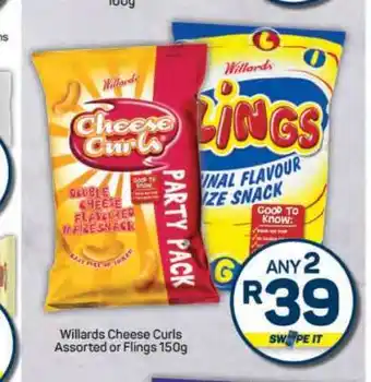 Pick n Pay Willards Cheese Curls Assorted or Flings 150g offer