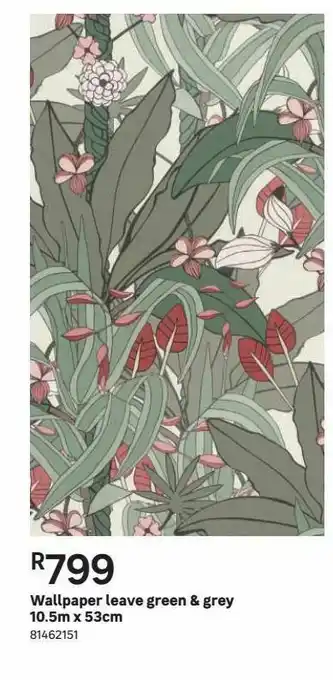 Leroy Merlin Wallpaper leave green & grey 10.5m x 53cm offer