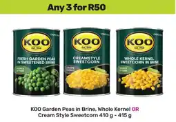 Game KOO Garden Peas in Brine, Whole Kernel OR Cream Style Sweetcorn offer