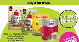 Game Hug-in-a-Mug, Five Roses Lattes, Freshpak Cappuccino Sachets offer