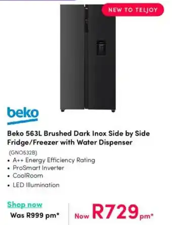 Teljoy Beko Brushed Dark Inox Side by Side Fridge/Freezer with Water Dispenser offer