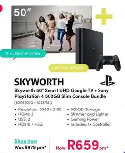 Teljoy Skyworth 50" Smart UHD Google TV + Sony PlayStation 4 500GB Slim Console Bundle offer