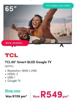 Teljoy TCL 65" Smart QLED Google TV offer