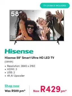 Teljoy Hisense 58" Smart Ultra HD LED TV offer