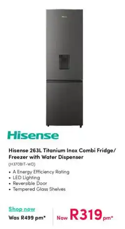 Teljoy Hisense Titanium Inox Combi Fridge/ Freezer with Water Dispenser offer