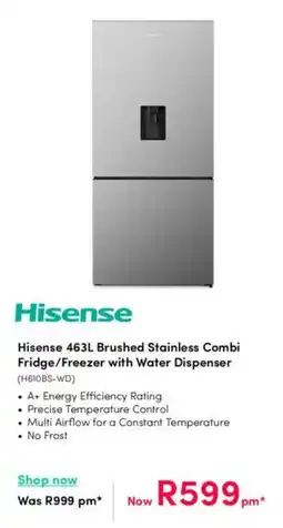 Teljoy Hisense Brushed Stainless Combi Fridge/Freezer with Water Dispenser offer