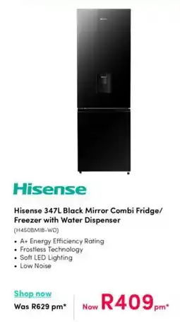 Teljoy Hisense Black Mirror Combi Fridge/ Freezer with Water Dispenser offer