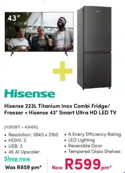 Teljoy Hisense Titanium Inox Combi Fridge/ Freezer + Hisense 43" Smart Ultra HD LED TV offer