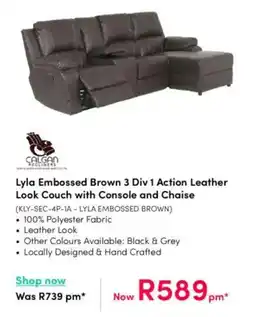 Teljoy Lyla Embossed Brown 3 Div 1 Action Leather Look Couch with Console and Chaise offer