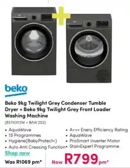 Teljoy Beko Twilight Grey Condenser Tumble Dryer + Beko Twilight Grey Front Loader Washing Machine offer