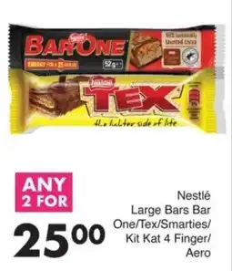 Save Nestlé Large Bars Bar One/Tex/Smarties/ Kit Kat 4 Finger/ Aero offer