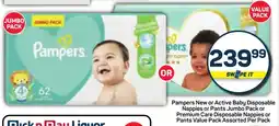 Pick n Pay Pampers New or Active Baby Disposable Nappies or Pants Jumbo Pack or Premium Care Disposable Nappies or Pants Value Pack offer
