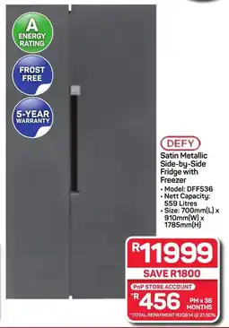 Pick n Pay DEFY Satin Metallic Side-by-Side Fridge with Freezer offer