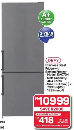 Pick n Pay DEFY Stainless Steel Fridge with Bottom Freezer offer