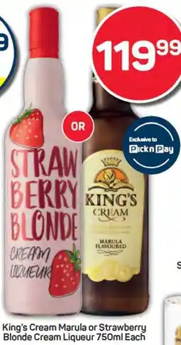 Pick n Pay King's Cream Marula or Strawberry Blonde Cream Liqueur 750ml Each offer