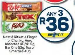 Pick n Pay Nestlé Kitkat 4 Finger or Chunky, Aero Assorted, Bar One, Tex or Smarties offer