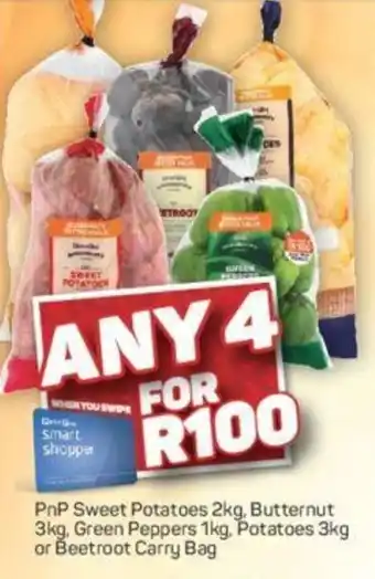 Pick n Pay Pnp Sweet Potatoes 2kg,Butternut 3kg, Green Peppers 1kg Potatoes 3kg or Beetroot Carry Bag offer