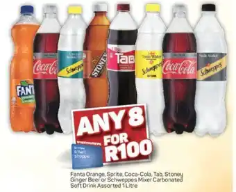 Pick n Pay Fanta Orange, Sprite, Coca-Cola, Tab, Stoney Ginger Beer or Schweppes Mixer Carbonated Soft Drink Assorted 1 Litre offer