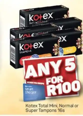 Pick n Pay Kotex Total Mini, Normal or Super Tampons 16s offer
