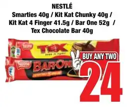 Boxer Superstores NESTLÉ Smarties/ Kit Kat Chunky/ Kit Kat 4 Finger/ Bar One/ Tex Chocolate Bar offer